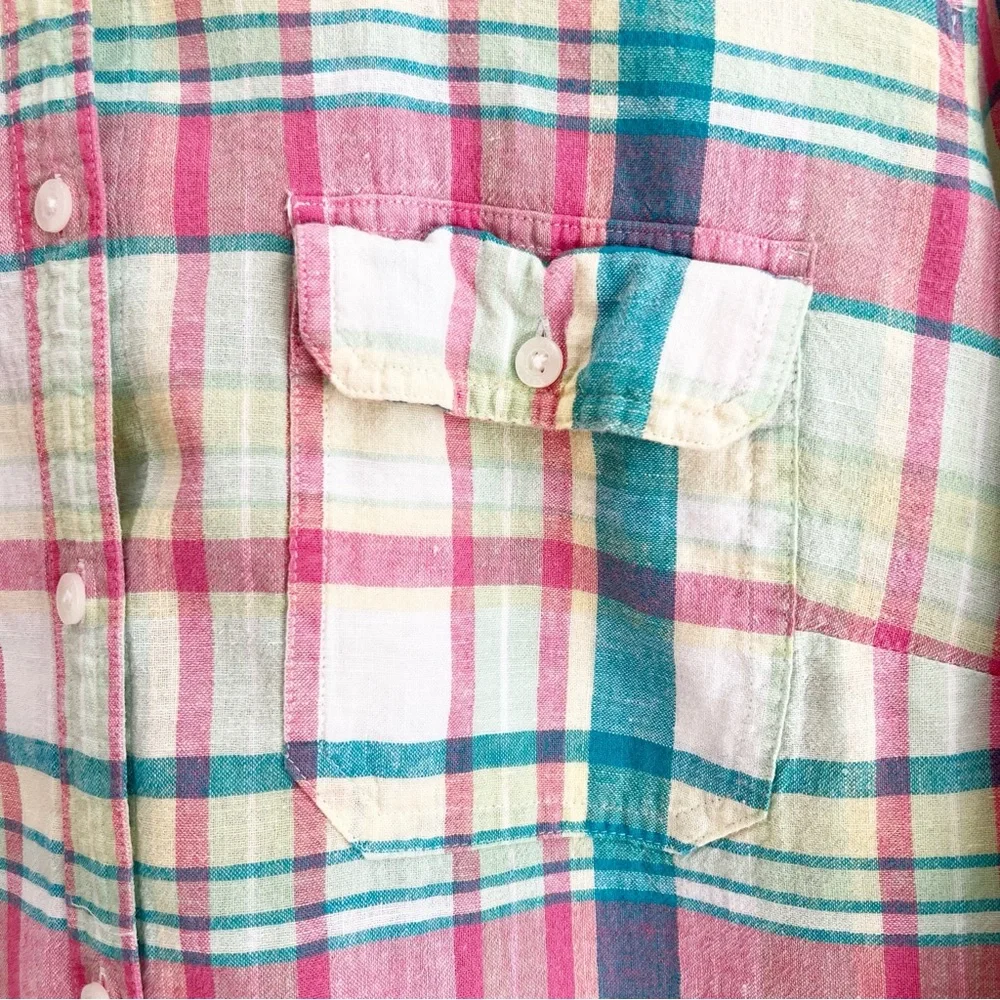 Chaps Womens Linen Blend Button Up Shirt 1X Pink Green Plaid Coastal Preppy - Picture 4 of 11